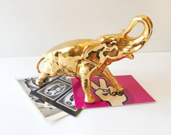 Elefante de oro de cerámica, decoración moderna del hogar, figura de elefante decorativo.decoración de la troncal del elefante, regalo del amante de los animales, decor elegante de Safari.glamoroso regalo