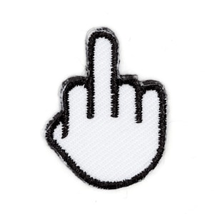 May include: Black and white embroidered patch of a middle finger.