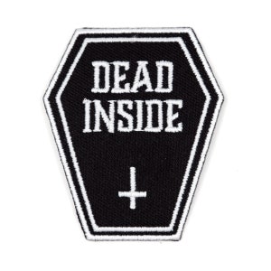 May include: Black and white embroidered patch shaped like a coffin with the text "DEAD INSIDE" and a white cross inside.