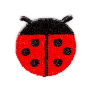 May include: A red ladybug with black spots and a black head. The ladybug is embroidered and has a shiny finish.