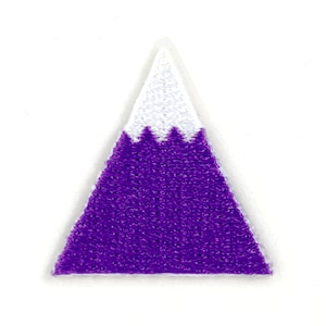 May include: Purple and white embroidered patch shaped like a mountain with a snowy peak.