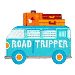 May include: A blue and white embroidered patch of a vintage van with the words "ROAD TRIPPER" on the side. The van has two orange suitcases on top.