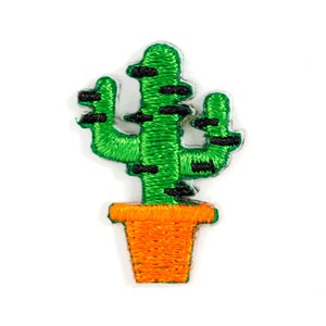 May include: A green cactus with black markings in a bright orange pot. The cactus has multiple arms and is a popular desert plant.