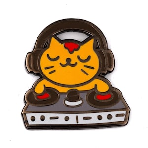 May include: A yellow cat DJ enamel pin with a brown headset and a gray DJ mixer. The cat has closed eyes and red accents on the mixer. The pin is a fun accessory for music lovers.