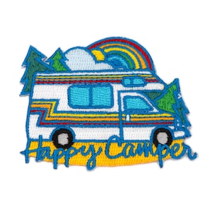 May include: A blue and white camper van with a rainbow and clouds above it. The van is on a yellow background with the text "Happy Camper" in blue.