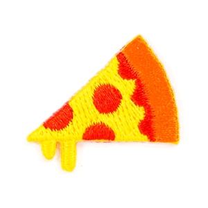 May include: A yellow and orange embroidered patch of a pizza slice with red pepperoni. The pizza slice has a dripping cheese effect.