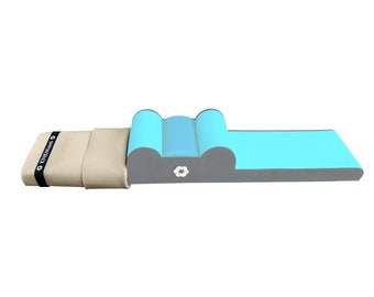 May include: A light blue and gray pet bed with a removable beige cover. The bed has a raised headrest and a flower logo.