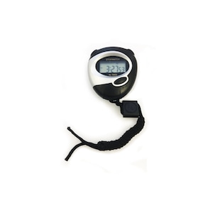 May include: Black digital stopwatch with a black strap. The display shows "3:27.63".
