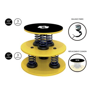 May include: A black and yellow balance disc with three springs on each level. The top level is 10 inches in diameter and the bottom level is 12 inches in diameter. The disc has a black timer with a white face and black numbers. The disc is on a white background.