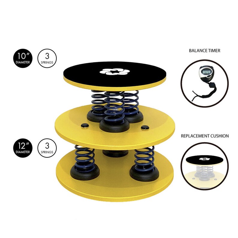 May include: A black and yellow balance disc with three springs on each level. The top level is 10 inches in diameter and the bottom level is 12 inches in diameter. The disc has a black timer with a white face and black numbers. The disc is on a white background.