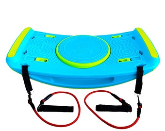 Pode incluir: Plataforma de exercício azul e verde com uma almofada central circular rotativa. A plataforma tem duas bandas de resistência vermelhas com alças pretas.