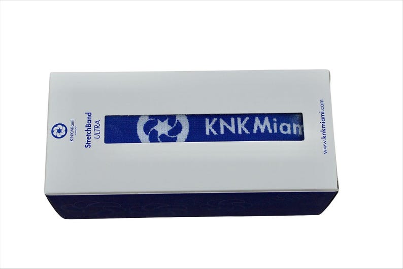 May include: A white box with blue trim and the text "StretchBand ULTRA" and "KNK Miami" on the front. The box is for a resistance band.