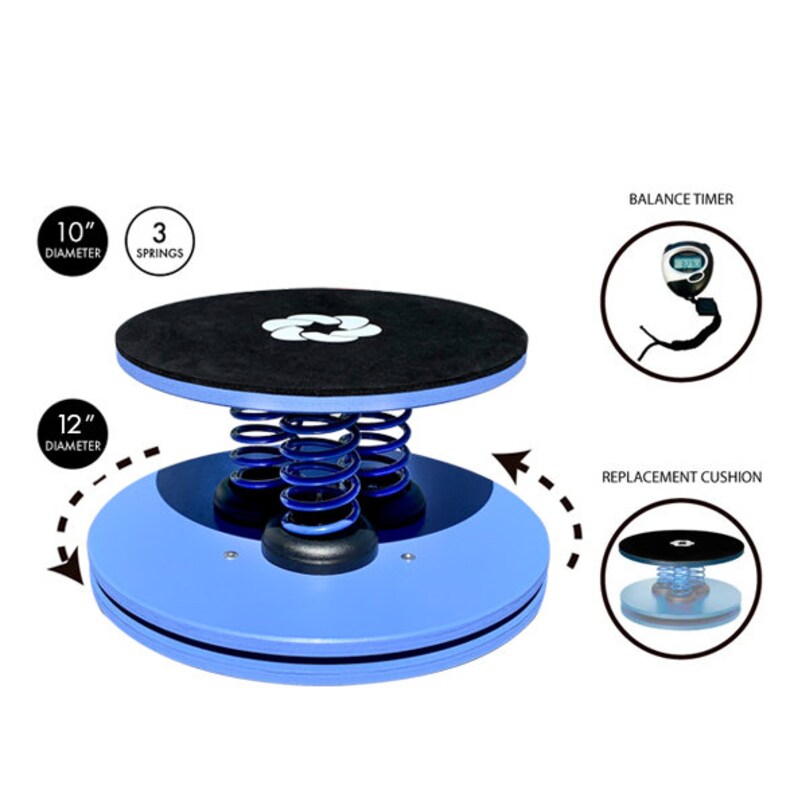 Puede incluir: Una tabla de equilibrio azul con una parte superior negra y tres muelles azules. La tabla tiene una base de 30 cm de di&aacute;metro y una parte superior de 25 cm de di&aacute;metro. Incluye un temporizador de equilibrio y un coj&iacute;n de repuesto.