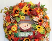 XL Fall Welcome Burlap Wreath, Colorful Scarecrow Sign, Thanksgiving Harvest Pumpkin Door Hanging, Autumn Décor, Fall Burlap Mesh Wreath