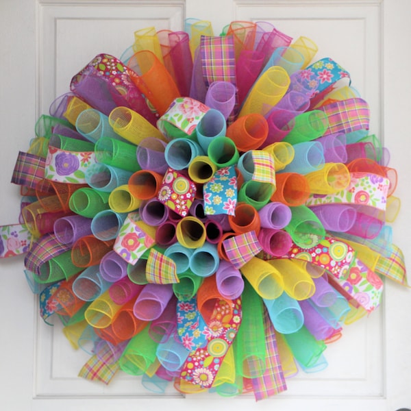 XL Spring Curly Mesh Wreath, Easter Door Décor, Summer Multi-Color Wall Hanging