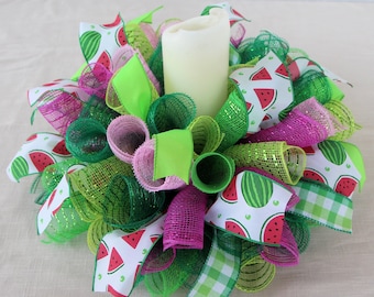 SUMMER WATERMELON CENTERPIECE, 17” Watermelon Deco Mesh Tabletop Décor, Green Pink Candle Ring, Small Wreath