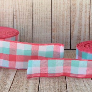 Gingham Plaid Ribbon Roll, Coral Aqua Blue Check 1.5” or 2.5” Wired Edge Spool, Wreath Ribbon