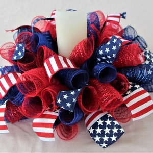 PATRIOTIC CENTERPIECE, 17” Red White Navy Blue Flag Deco Mesh Tabletop Décor, 4th of July Arrangement, Wreath, Candle/Glass Jar Not Included