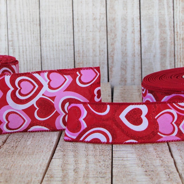 Valentine’s Day Ribbon Roll, Red Pink White Glittered Hearts, 1.5” or 2.5” Wide x 5 Yd Spool, Wired Edge, Floral Craft Ribbon