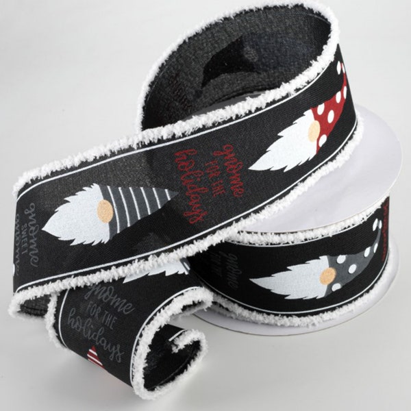 Christmas Gnome Ribbon Roll, 2.5” x 10 yards, Wired Faux Fur Edge, Black Canvas