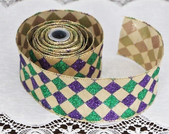 Mardi Gras Ribbon Roll; 2.5” x 5 yd Wired Glittered Diamonds. Purple Green Gold Harlequin Design