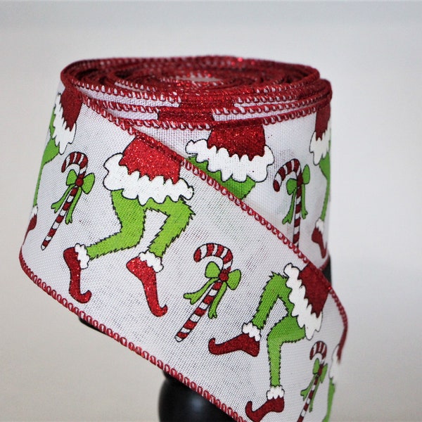 Green Monster Legs Ribbon Roll, 2.5” x 5 yd Wired Glittered Christmas Grinch Inspired