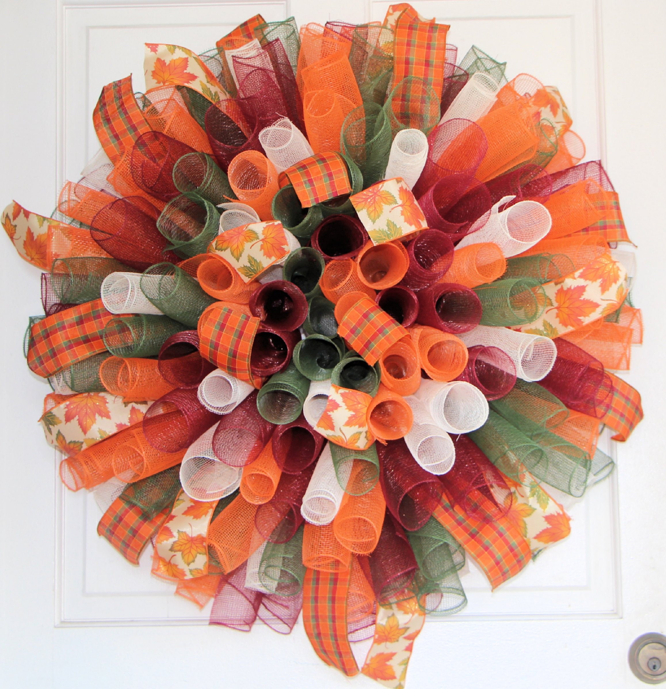 XL FALL CURLY MESH WREATH Orange Brown Gold Spiral Harvest Thanksgiving Decor
