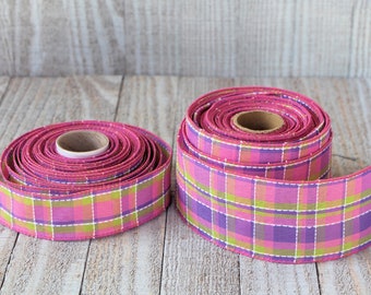 Pink Purple Stitched Plaid Ribbon Roll, 1.5” or 2.5” x 5 Yds Wired Edge Spool