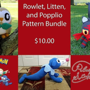 May include: A crochet pattern bundle for making plush toys of Rowlet, Litten, and Popplio from the Pokemon franchise. The bundle is available for £10.00. The image shows the finished plush toys.