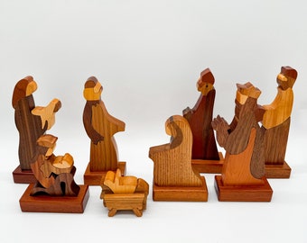 Handcrafted Carved Wood Nativity Set Of 8 Signed Minimalist Puckane Style Cutout