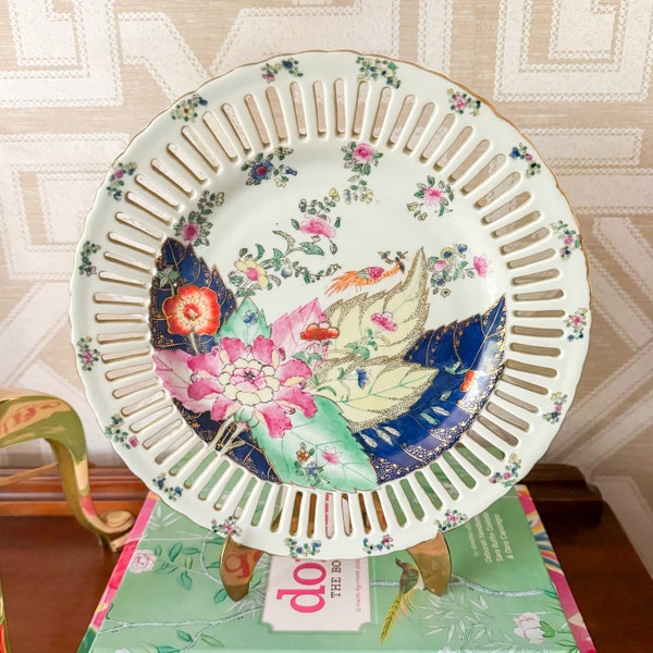 Rare Vintage Reticulated Tobacco Leaf Chinoiserie Plate United Wilson 1897 Hand Painted Grandmillennial Plate Wall