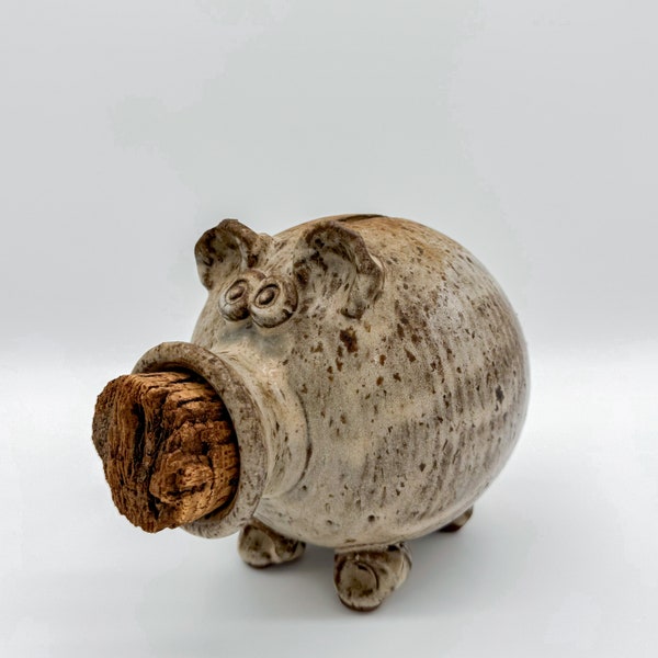 Vintage Art Pottery Piggy Coin Bank Cork Nose Pig Brown Glazed Stoneware Folk Boho Rustic