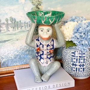 Large 14” Vintage Chinoiserie Monkey Bowl Dish - Rare Catchall Porcelain Hand Painted Chinese Grandmillennial Preppy Maximalist Bar Cart