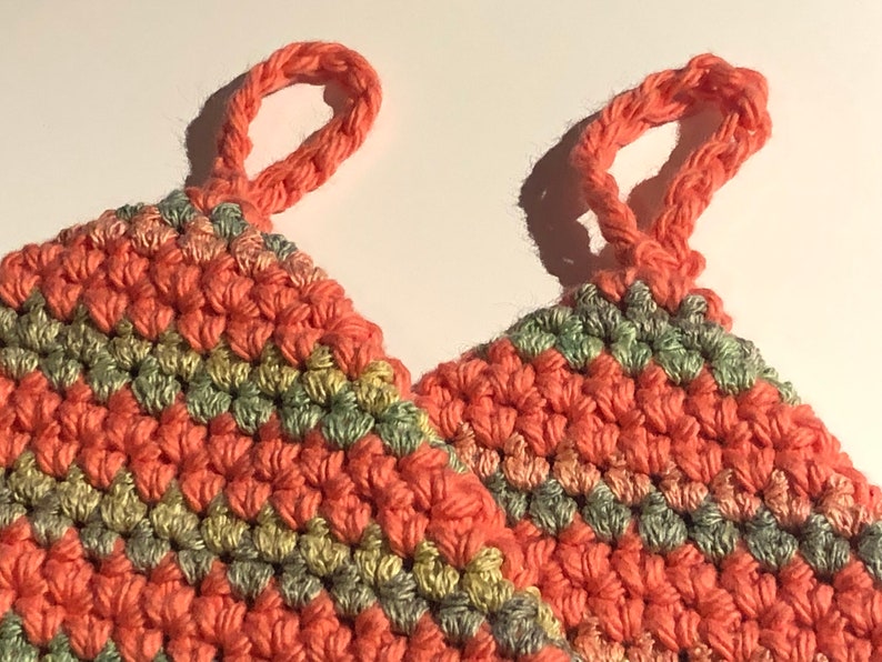 Pot holders cotton double thick hot pads stripe peach /& green hand crochet handmade gift idea house warming gift party gift