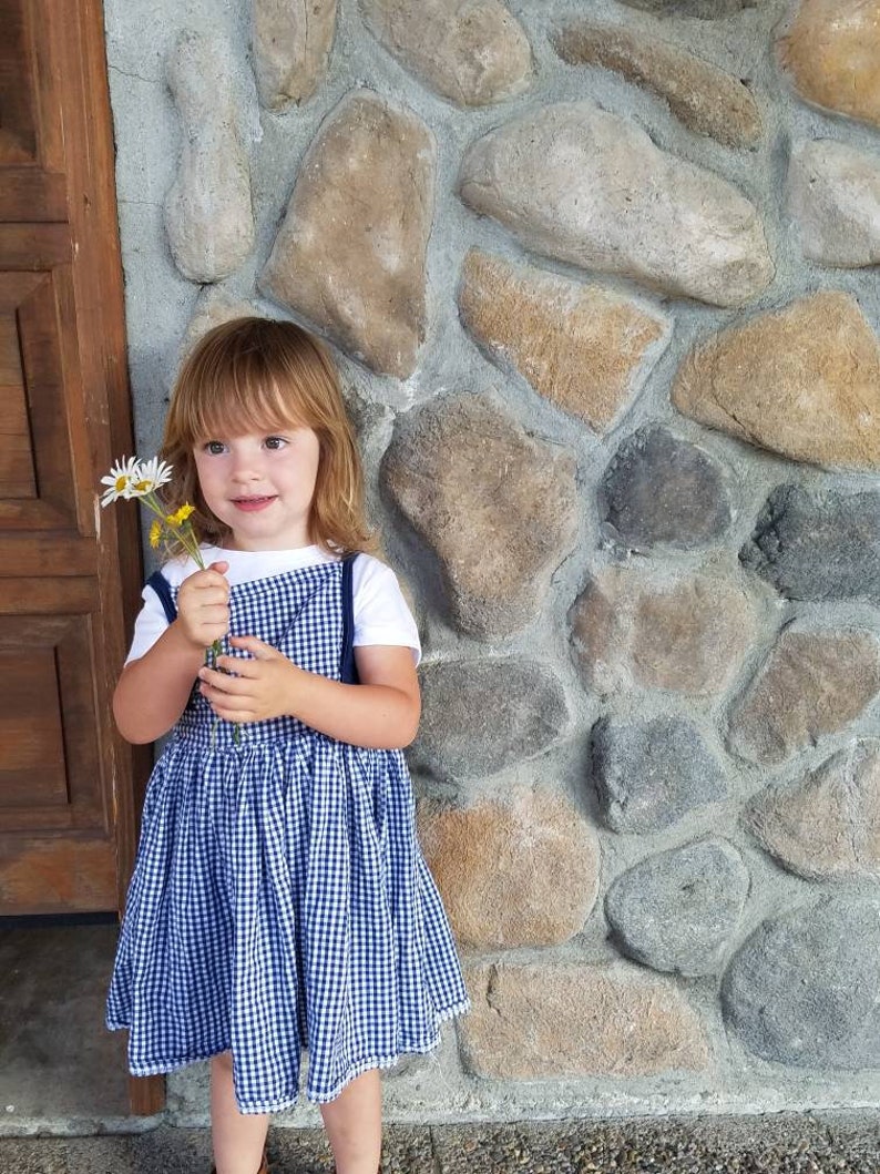 blue gingham pinafore dress