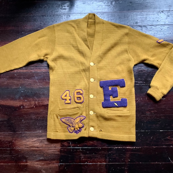 vintage 40s 1946 varsity high school track letterman gold knit sweater cardigan letter "E" Eldorado Illinois distressed eagle patch wool