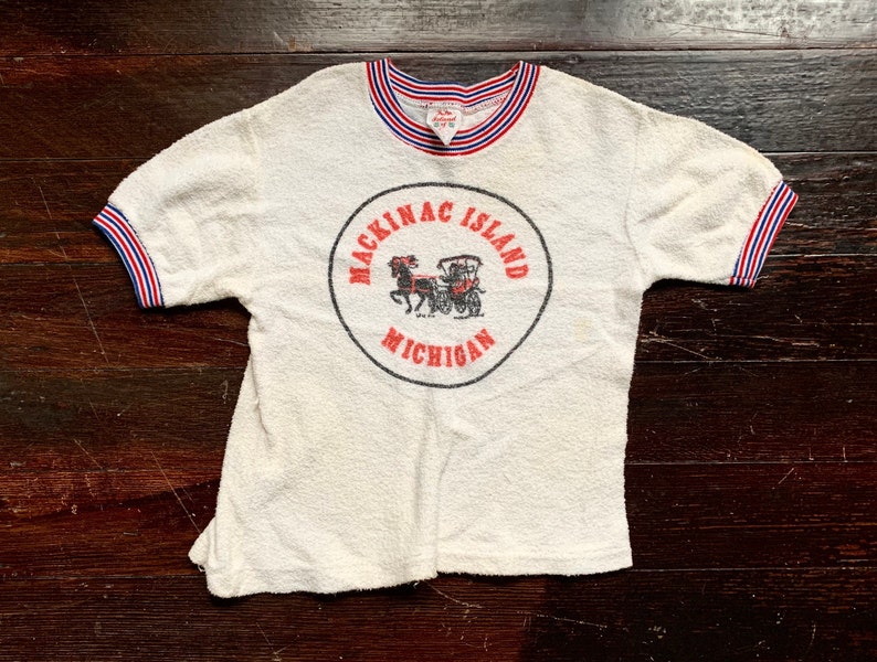vintage RARE 50s Mackinac Island tourist t-shirt Michigan youth ringer tee children/'s terry cloth textured well-worn horse red white blue