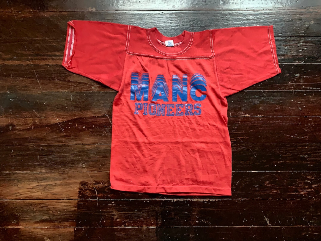 Vintage 90s Red Artex Football Jersey MANC Pioneers Kids Sport T-shirt ...