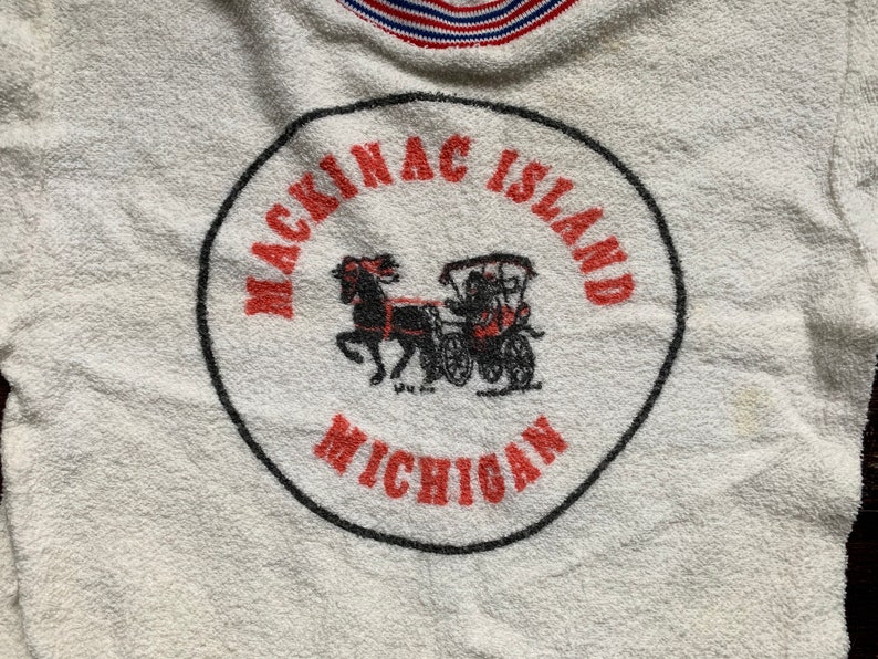vintage RARE 50s Mackinac Island tourist t-shirt Michigan youth ringer tee children/'s terry cloth textured well-worn horse red white blue
