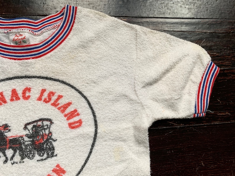 vintage RARE 50s Mackinac Island tourist t-shirt Michigan youth ringer tee children/'s terry cloth textured well-worn horse red white blue