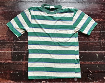vintage 70s Kings Road Sears green white blue gold navy striped pocket tee shirt single stitch sun faded distressed t-shirt soft 16.5x23
