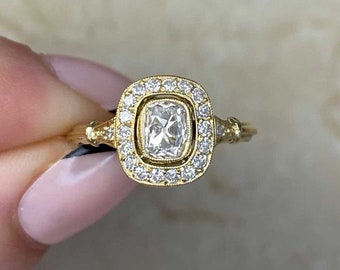 0.60ct Antique Cushion Cut Diamond Ring - Vintage Engagement Ring - 18k Yellow Gold Halo