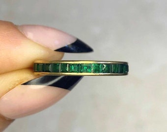 French Cut Eternity Style Natural Emerald Band. 14K Yellow Gold Band.