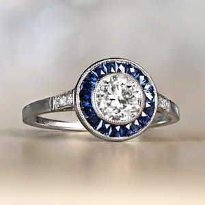 0.77ct Old European Cut Diamond Ring with a Halo Sapphire Accent. Handcrafted Platinum Ring.