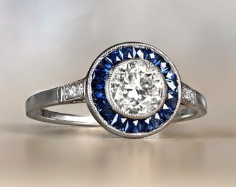 0.77ct Old European Cut Diamond Ring with a Halo Sapphire Accent. Handcrafted Platinum Ring.