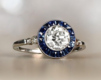 Art Deco 1.17ct Diamond Engagement Ring with Halo Sapphire Accent. Handcrafted Platinum Ring.