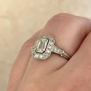 0.50center-ct GIA-Certified Emerald Cut Diamond Ring. Halo of Old European Cut Diamond Ring. Triple Wire Ring. Handcrafted in Platinum Ring.