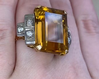 Antique Retro Ring. 12center-ct Prong Set Emerald Cut Natural Citrine and Diamond Ring, Circa 1940. Handcrafted in 18K Yellow Gold Ring.