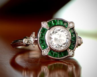 1.15ct Diamond Ring with Emerald Halo Accent. Handcrafted Platinum Ring.