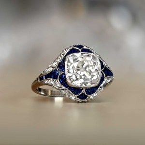 3.38ct Art Deco Style Antique Cushion Cut Diamond and Sapphire Ring. Handcrafted Platinum Ring.